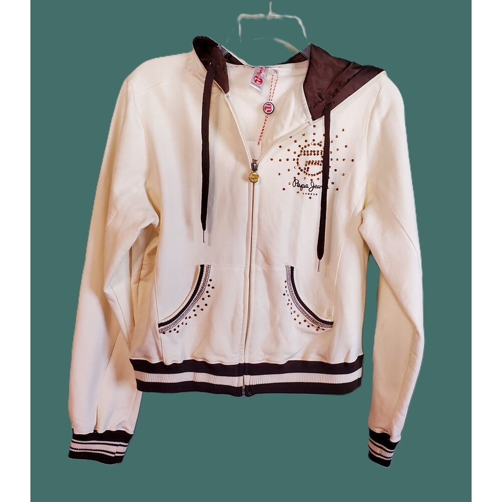NWT Vintage Pepe Jeans London Y2K Rhinestone Cream and Brown Hoodie